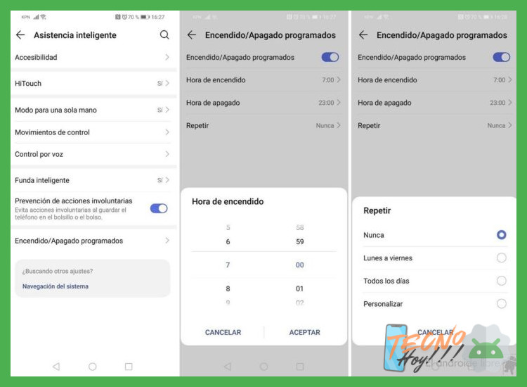 ¿Cómo establecer correctamente los horarios para la función de apagado y encendido automático repetitivo?