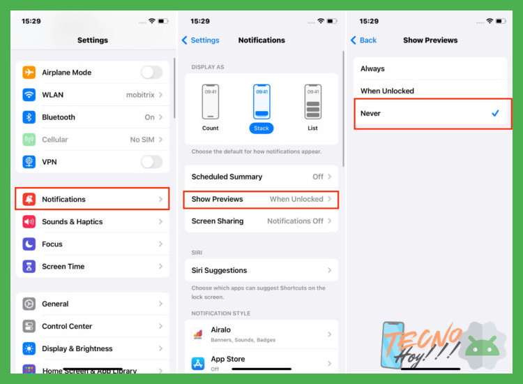 ¿Cómo oculto la vista previa de los mensajes en el iPhone (iOS)?