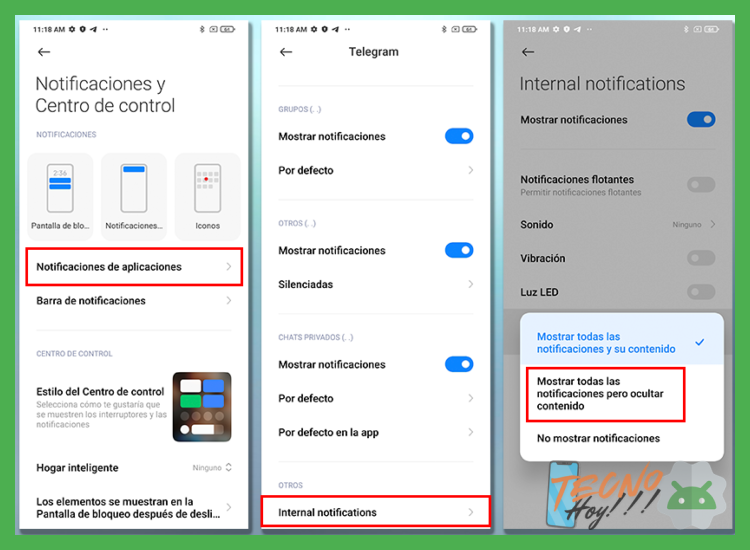 ¿Cuáles son los pasos específicos, tanto en Android como en iOS, para ocultar el contenido de las notificaciones en la pantalla de bloqueo?