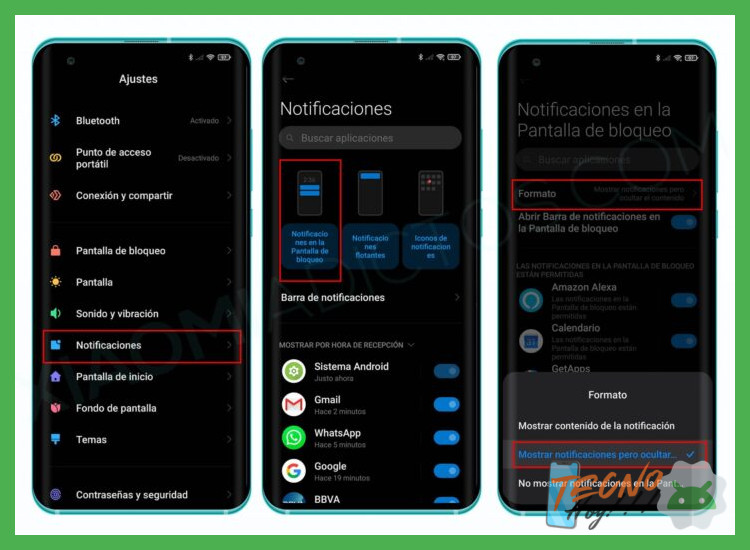 ¿Qué configuración permite ocultar el remitente y el contenido del mensaje en la pantalla de bloqueo?